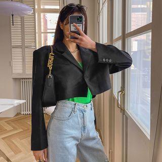 Padded-shoulder Single-button Cropped Blazer