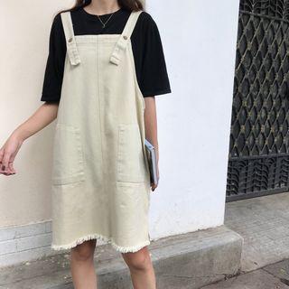 Frayed Trim Denim Pinafore Dress Almond - One Size