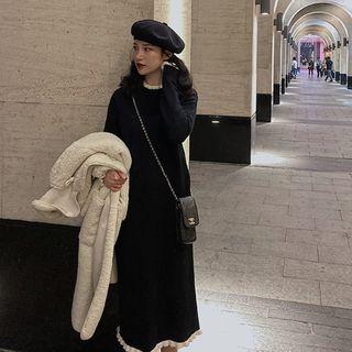 Puff-sleeve Contrast Trim Plain Knit Dress