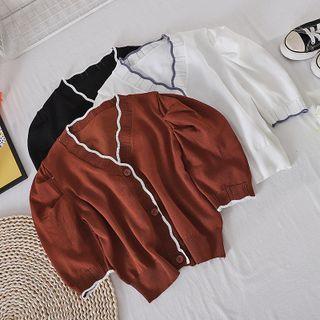 V-neck Contrast Trim Puff-sleeve Cardigan
