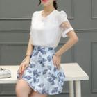 Set: Lace Panel Short Sleeve T-shirt + Printed A-line Skirt