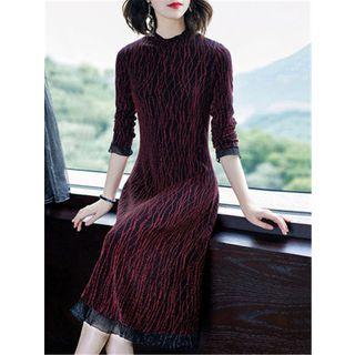 Long-sleeve Patterned Midi A-line Mesh Dress