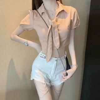 Tie-neck Short-sleeve Cropped Blouse / Chain Detail Denim Shorts / Set
