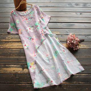 Asymmetric Short-sleeve Floral Print Blouse