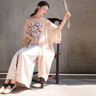 Hanfu Open Front Jacket / Strapless Floral Top / Maxi Skirt / Set