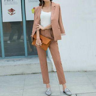 Set: Striped One-button Blazer + Cropped Pants