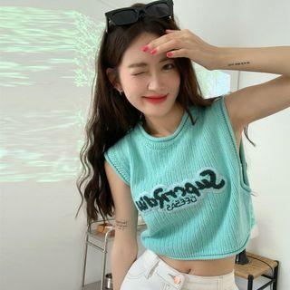 Lettering Knit Crop Tank Top Blue - One Size