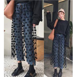 Polka Dot Mesh Overlay Straight Cut Jeans