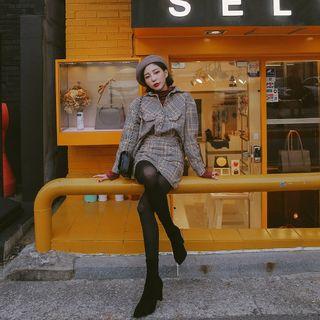 Set: Plaid Jacket + Wrap-front Zip-detail Miniskirt