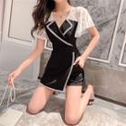 Set: Lace Panel Short-sleeve A-line Dress + Shorts