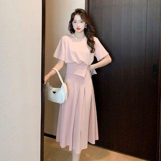 Set: Short Sleeve Crew Neck Zip-up Bubble Top + Pleated Midi A-line Skirt