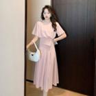 Set: Short Sleeve Crew Neck Zip-up Bubble Top + Pleated Midi A-line Skirt