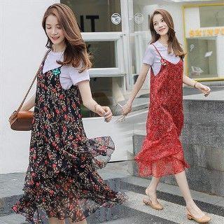 Floral Ruffle Spaghetti Strap Chiffon Dress
