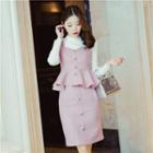 Set: Mock-neck Long-sleeve Knit Top + Ruffle Hem Vest + Button Detail Pencil Skirt