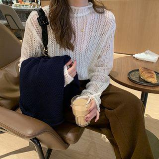 Mock Neck Perforated Knit Top White - One Size