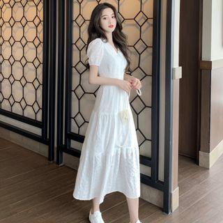 Puff-sleeve Tiered Embroidered A-line Midi Dress