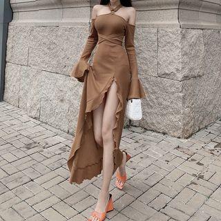 Long-sleeve Off-shoulder Ruffled Slit Midi A-line Dress