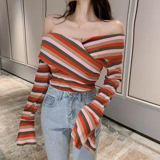 Long-sleeve Off-shoulder Crisscross Striped Knit Top