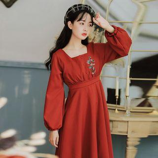 Balloon-sleeve Square Neck Embroidered A-line Dress