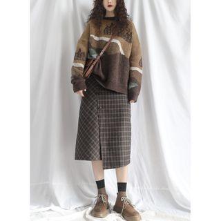Printed Knit Sweater + Buttoned Plaid Midi Skirt