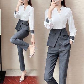 Set: Paneled Blouse + Straight-cut Pants