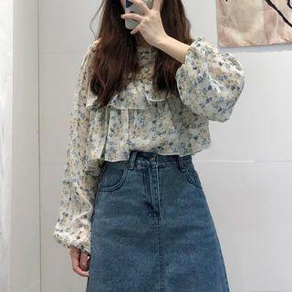 Ruffle Trim Floral Blouse Blue Floral - Beige - One Size