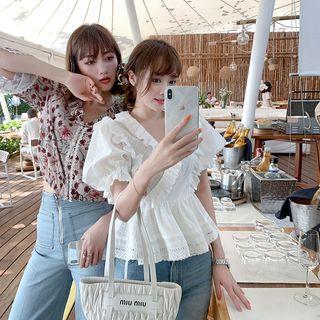 Lantern Sleeve Ruffle Trim Lace Blouse