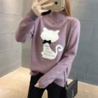 Cat Print Mock-turtleneck Sweater