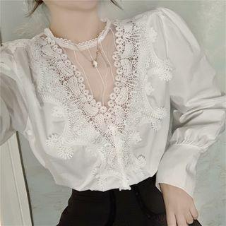Mesh Panel Lace Trim Long-sleeve Blouse