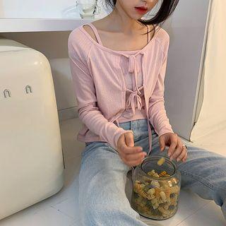 Set: Tie-front Cropped Cardigan + Square-neck Camisole