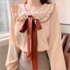 Long-sleeve Frill Trim Collar Bow Corduroy Blouse Khaki - One Size
