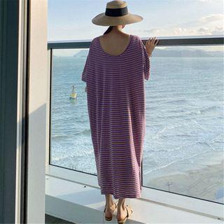 Elbow-sleeve Striped Maxi T-shirt Dress