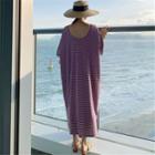 Elbow-sleeve Striped Maxi T-shirt Dress