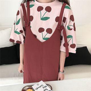 Elbow-sleeve Printed T-shirt / Pinafore Dress
