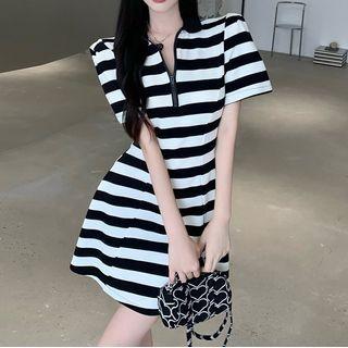 Short-sleeve Striped Mini A-line Dress Stripes - Black & White - One Size
