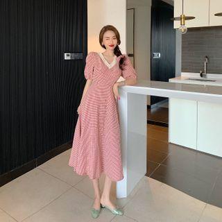Puff-sleeve Checkered Lace Trim A-line Midi Dress