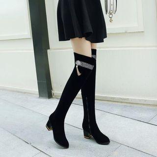 Suede Glitter Accent Block Heel Over-the-knee Boots