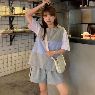 Set Of 3 : Color Panel Vest + Short-sleeve Top + Plaid Shorts