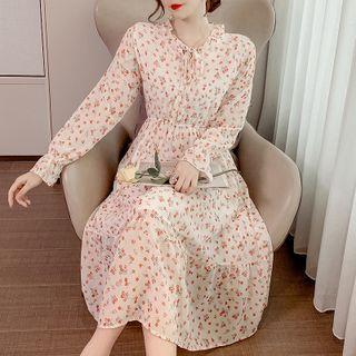 Long-sleeve Floral Ruffled A-line Dress