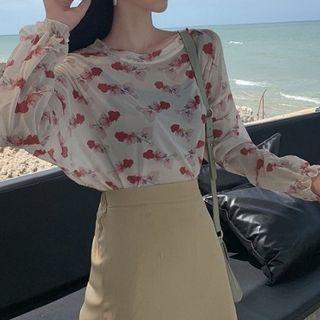 Flower Print Mesh Long-sleeve Top / Plain High-waist Skirt