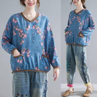 Pocketed Floral Print Blouse Pink Floral - Blue - One Size