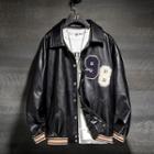 Fleece-lined Faux Leather Lion Embroidered Buttoned Jacket