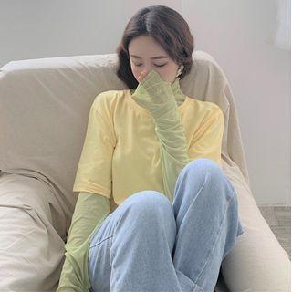 Mock-turtleneck Long-sleeve Shirred Mesh Top / Plain Short-sleeve T-shirt