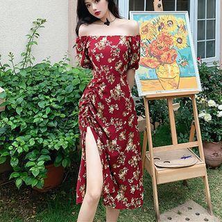 Elbow-sleeve Off-shoulder Floral Slit Midi A-line Dress