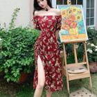 Elbow-sleeve Off-shoulder Floral Slit Midi A-line Dress
