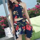 Set Of 2: Floral Print Tankini Top + Swim Skirt