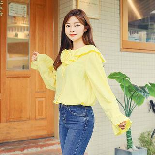 Collared Long-sleeve Tie-front Blouse