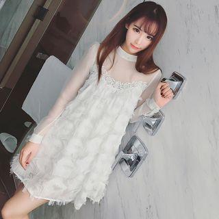 Organza Panel Fringed Long-sleeve A-line Dress