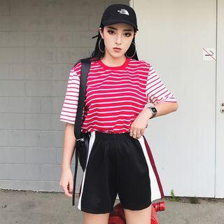 Set: Striped Elbow Sleeve T-shirt + Striped Wide Leg Shorts