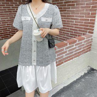Short-sleeve Mock Two-tone Button-up Midi Dress